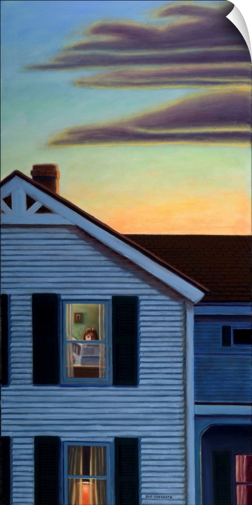 Contemporary painting of a person in a second story window at dusk.