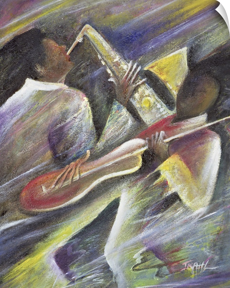 A contemporary piece of artwork with a saxophone player and a cello player with pastel like colors drawn diagonally throug...