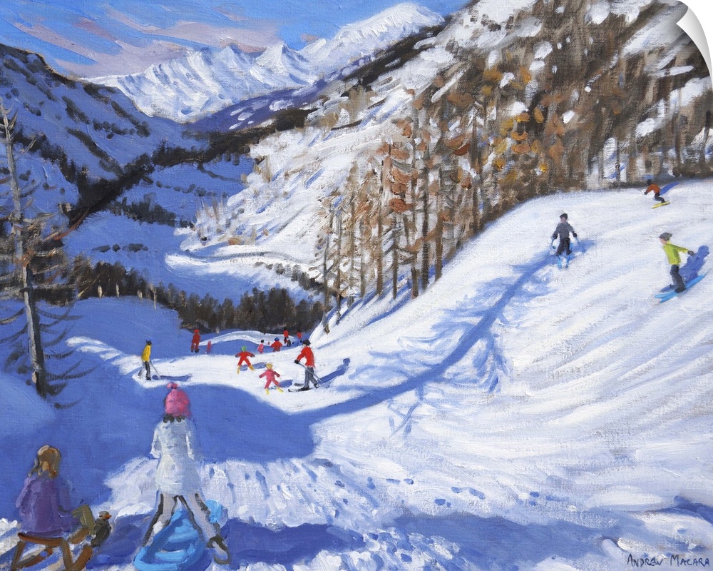 Contemporary painting of a snowscape with people skiing down the slopes.