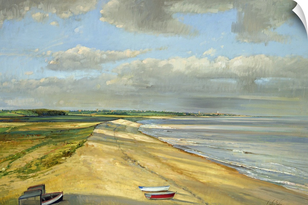 Landscape painting on a large wall hanging of the coastline looking towards Southwold, Suffolk, East Anglia, in the United...