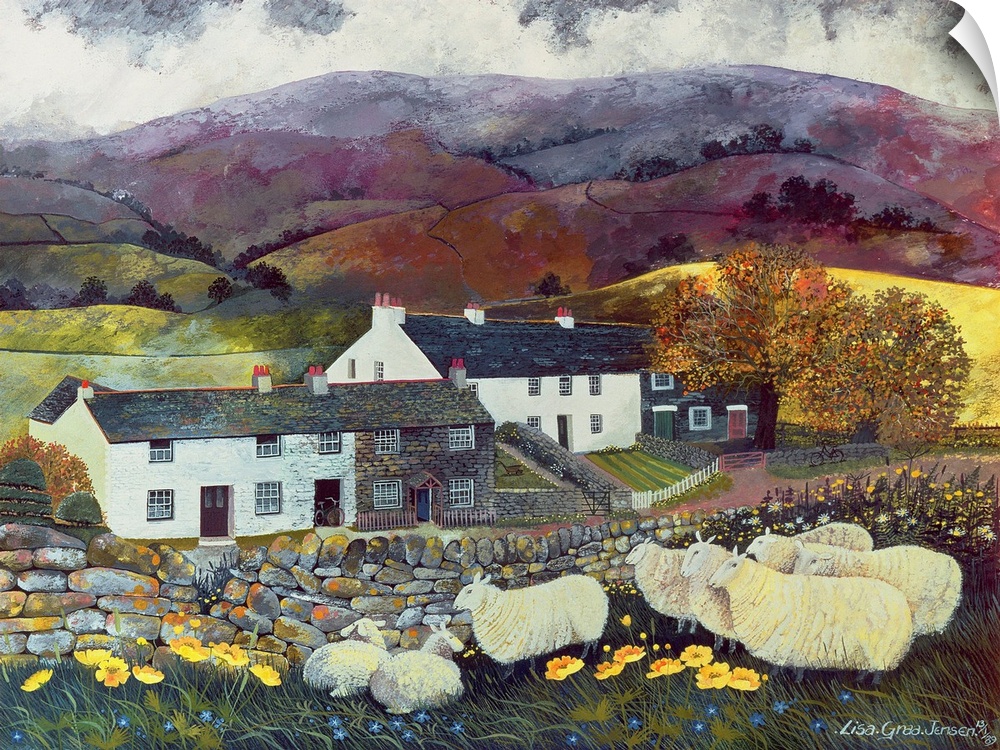 Contemporary painting of a flock of sheep near a farmhouse in the countryside.