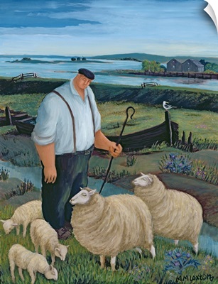 Shepherd with Sheep in River Landscape