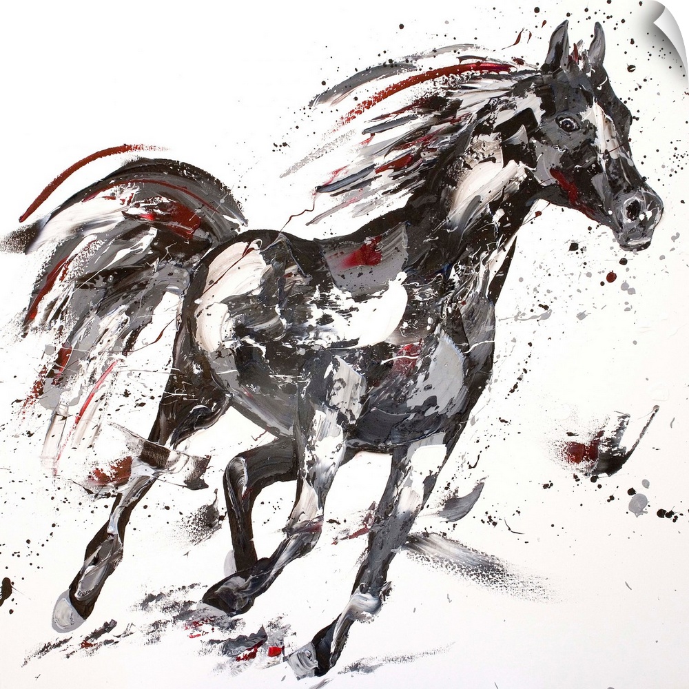 Contemporary painting using black and gray tones to create a horse running against a white background.