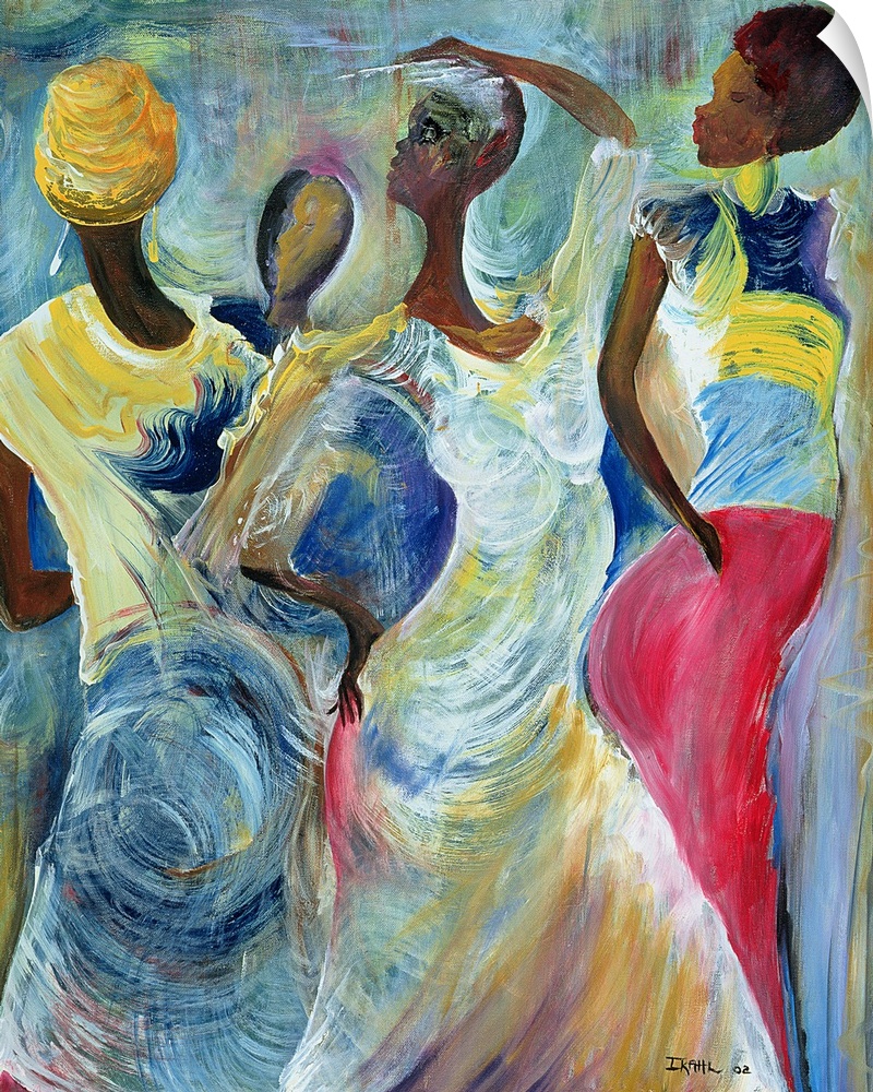 A large vertical painting of four African American women who are dancing. The brush strokes are applied in a swirl motion.