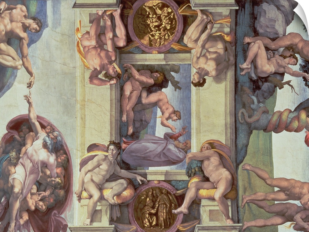 Horizontal classic painting of the Sistine Chapel ceiling, including the Creation of Adam and the Creation of Eve.