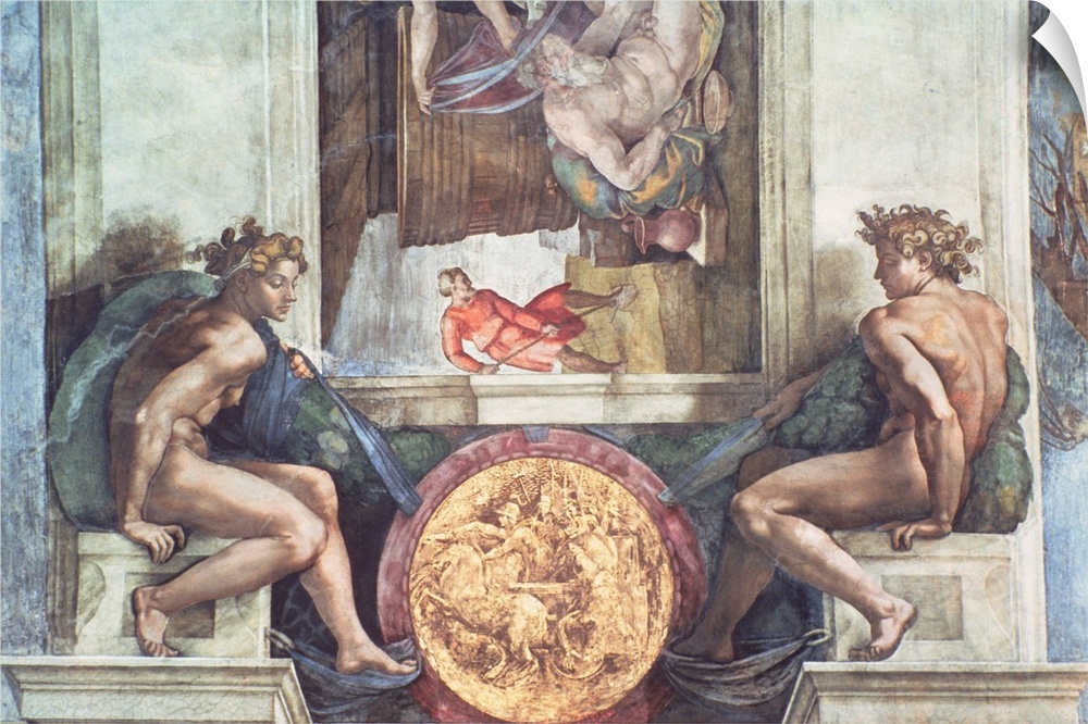BAL57570 Sistine Chapel Ceiling: Ignudi (pre restoration)  by Buonarroti, Michelangelo (1475-1564); fresco; Vatican Museum...