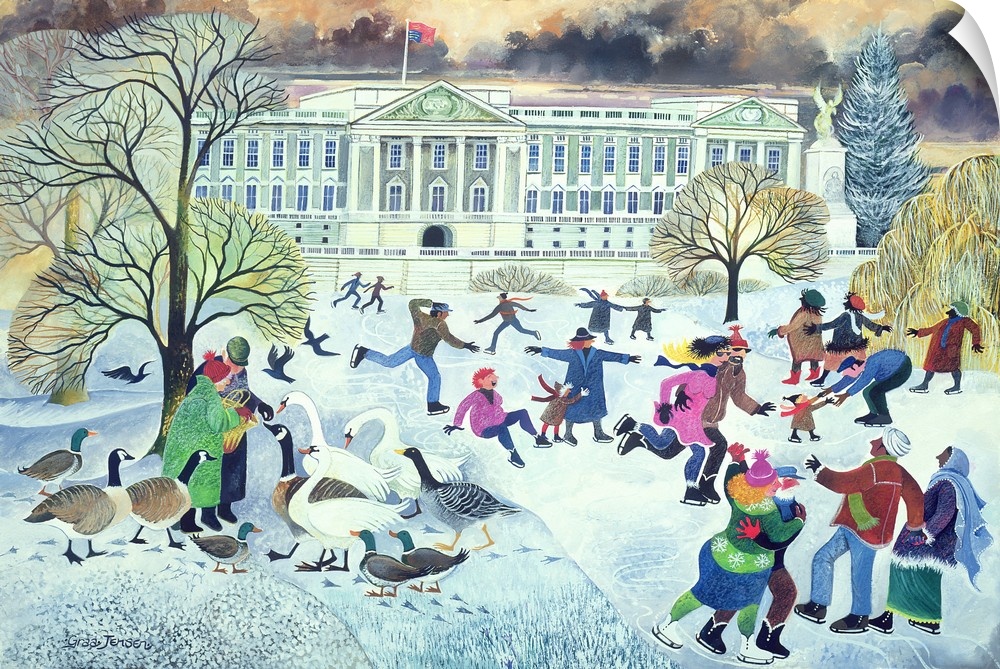 Contemporary painting of a winter scene with ice skaters in front of Buckingham Palace.