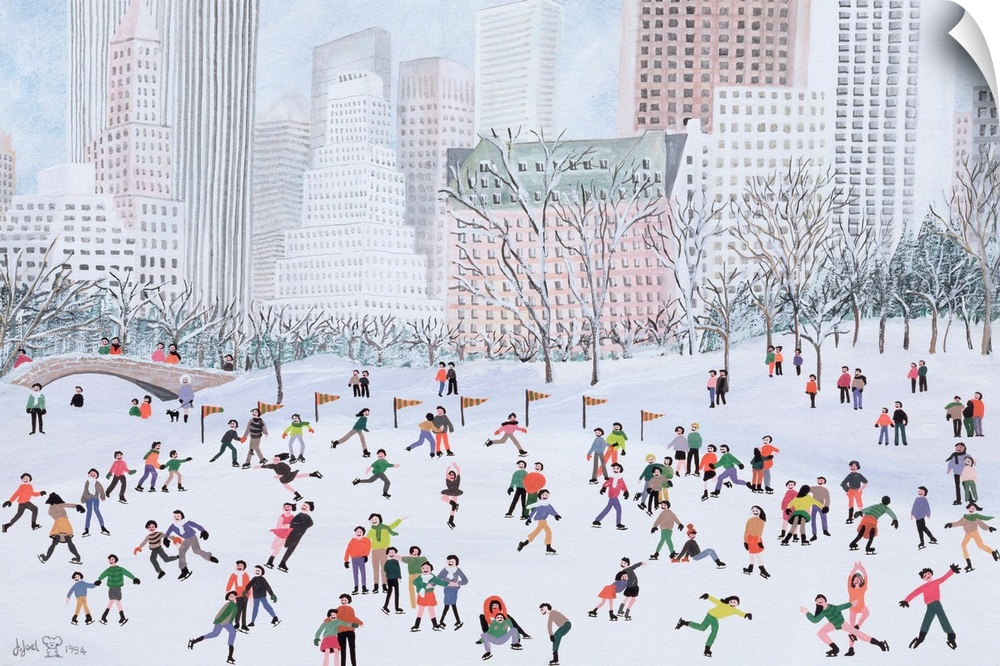 Contemporary painting of several people ice skating in the winter in New York City.