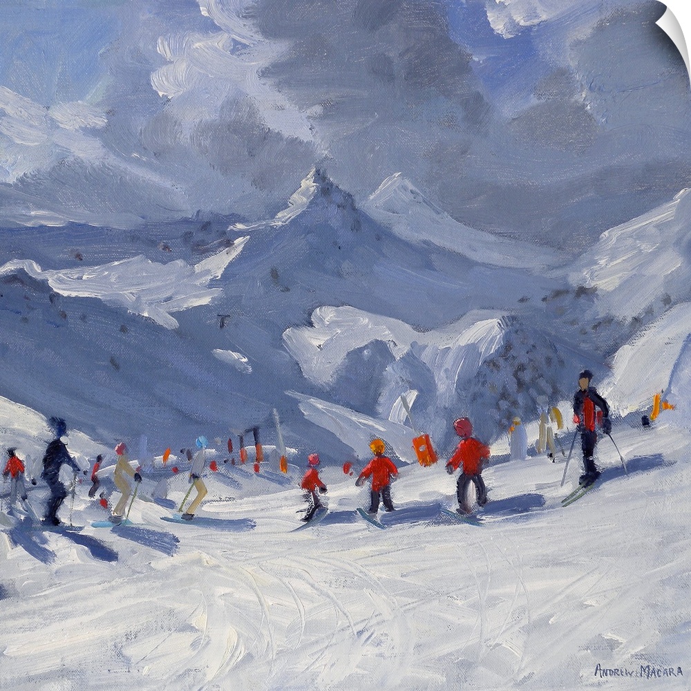 Big, horizontal painting of many skiers on a snowy slope, a range of snow covered mountains in the background, beneath a c...