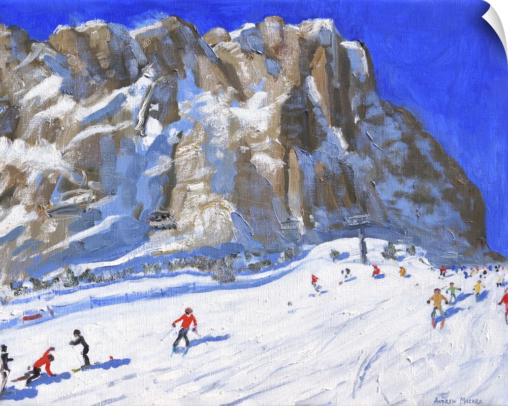 Skiing down the mountain, Selva Gardena, oil on canvas.
