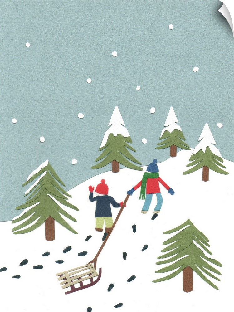 Contemporary artwork of children climbing a hill with a sled