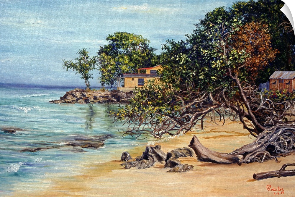 Painting of beach house surrounded by trees at shoreline covered in driftwood.