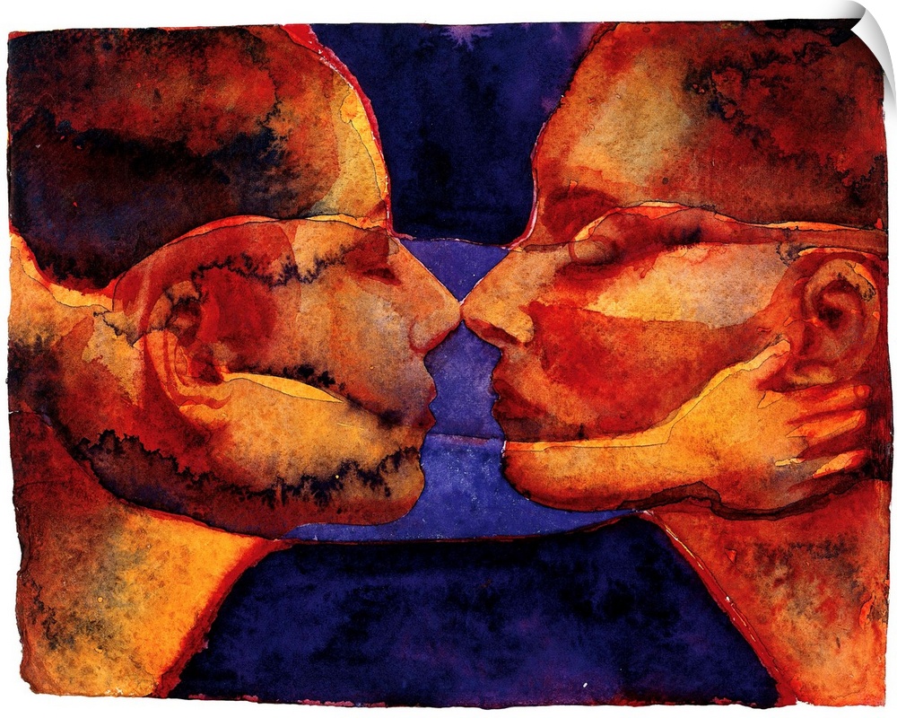 Contemporary watercolor painting of two deep orange toned faces coming close together to kiss.