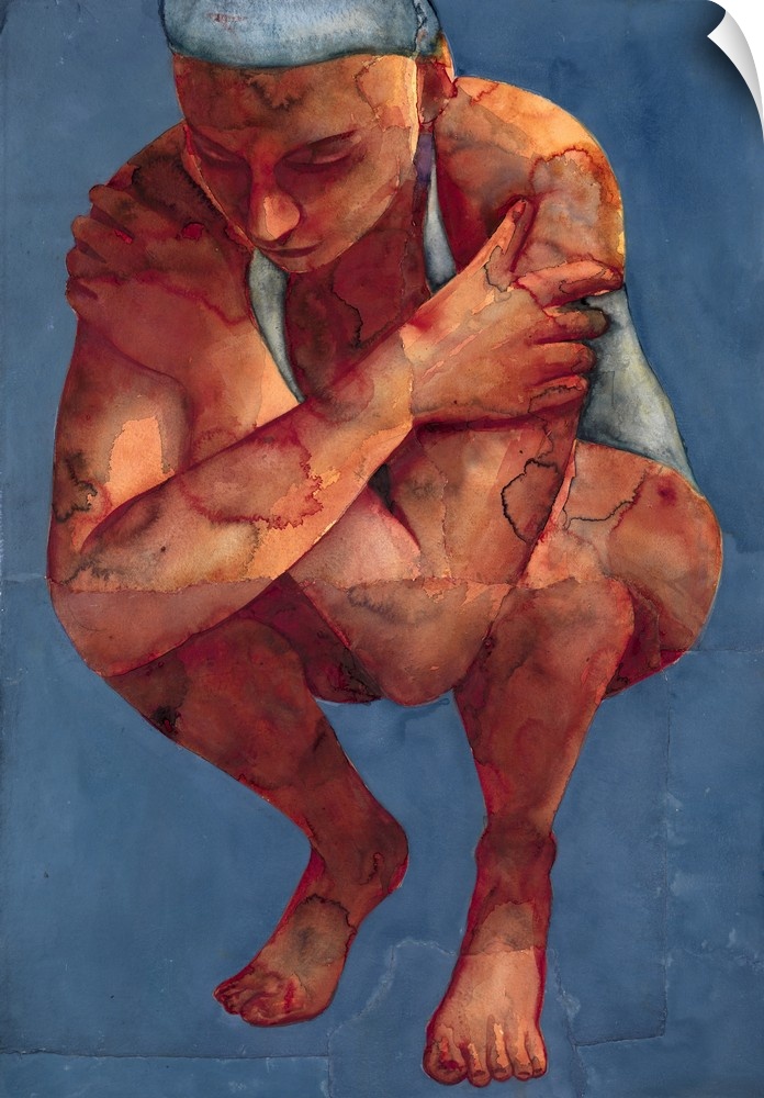 Contemporary figurative art of a crouching swimmer.