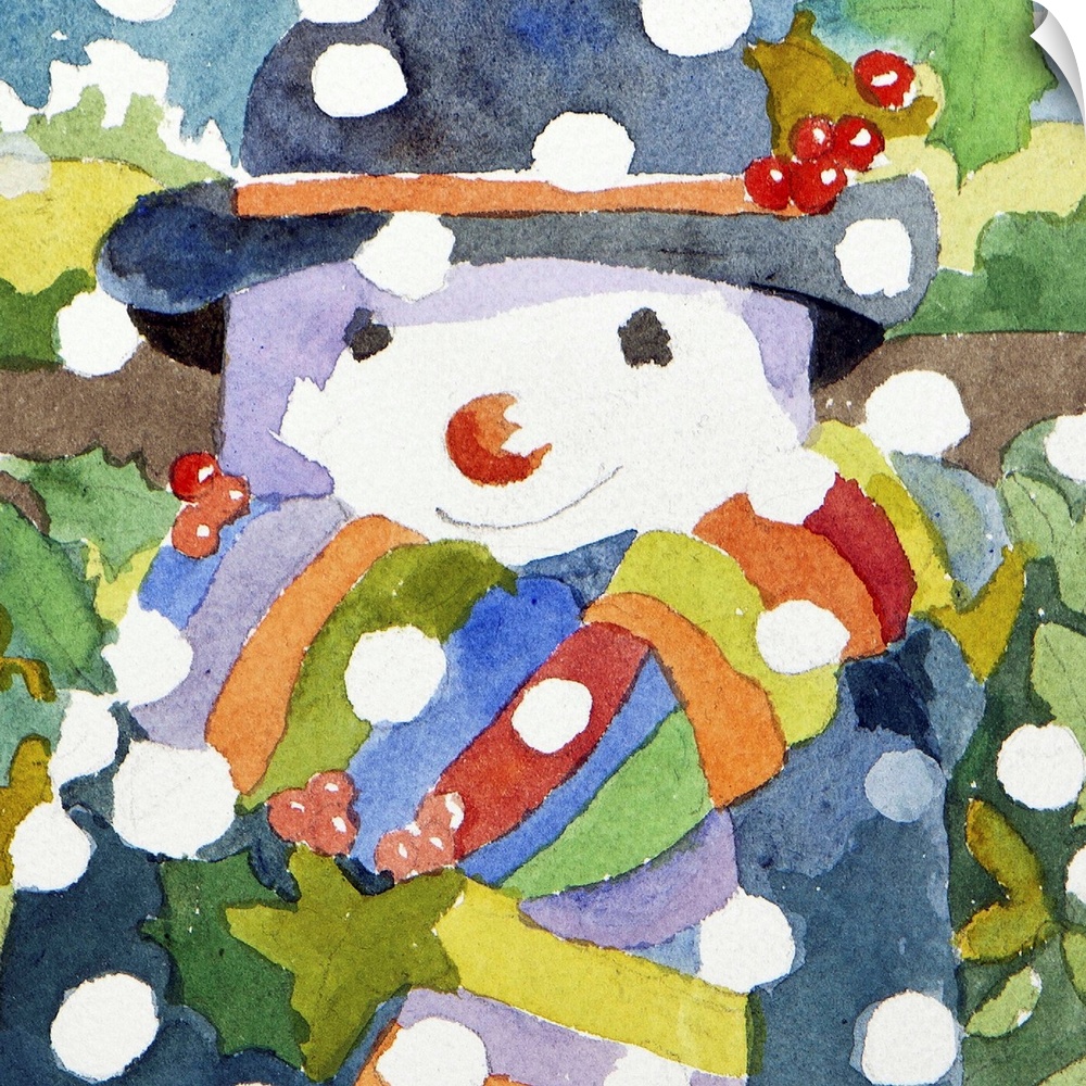 Watercolor painting of a snowman with a smile on his face in the falling snow.