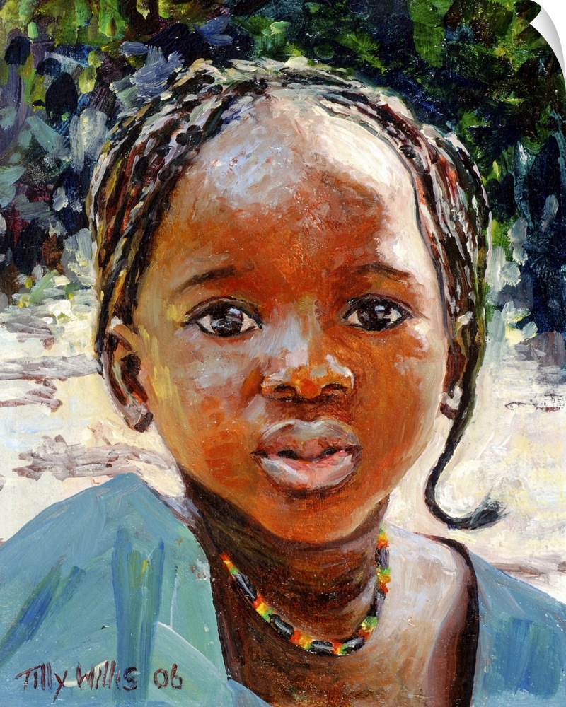 Large, close up portrait painting of a young African-American girl with braids in her hair, wearing a colorful necklace.  ...