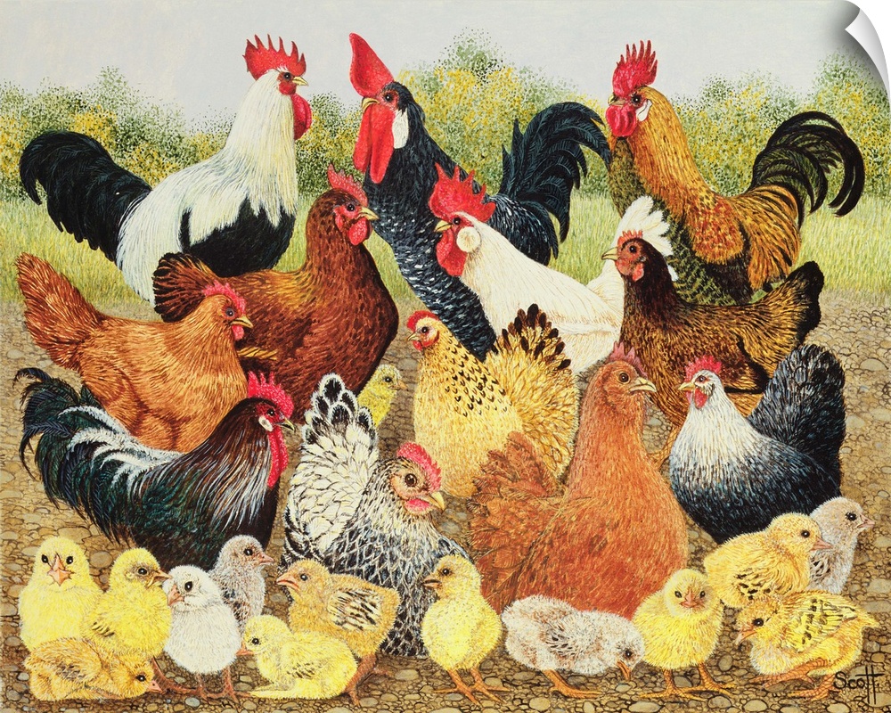 Contemporary painting of several roosters, hens, and chicks.