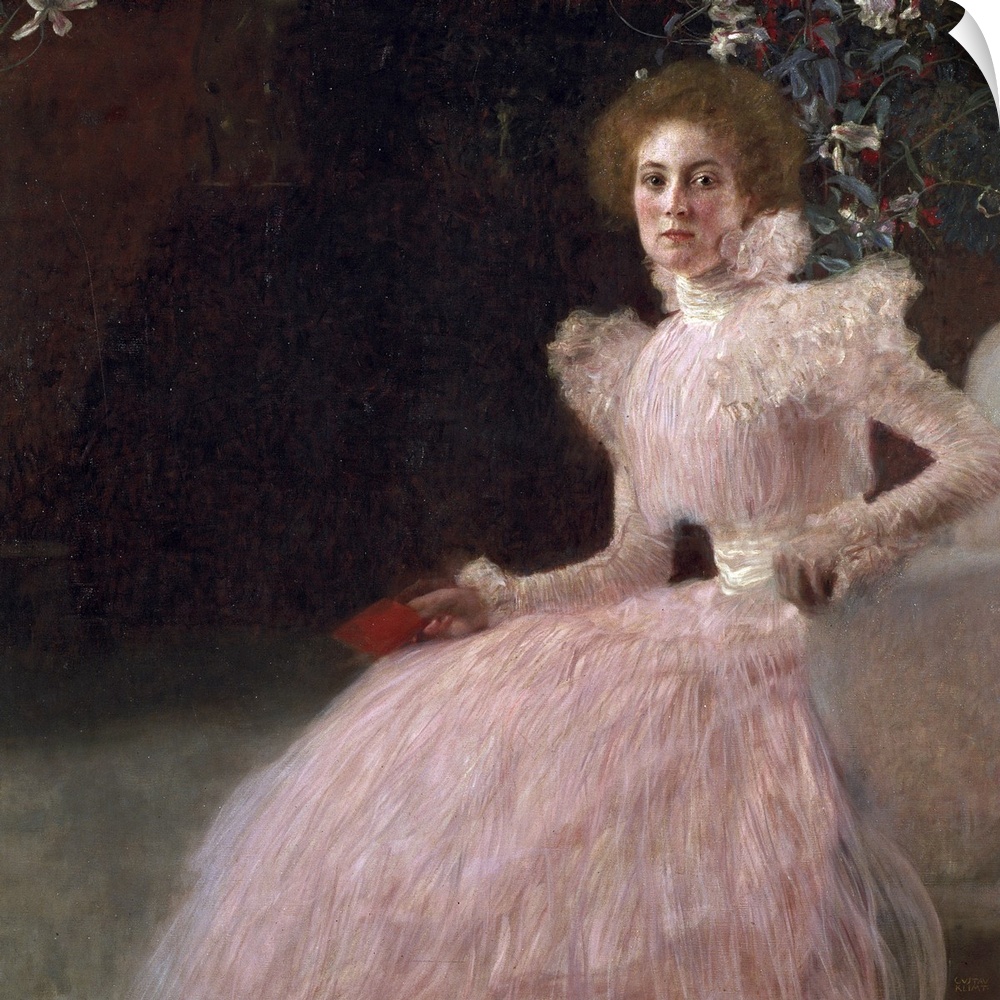 A classic artwork piece that shows a woman sitting in a chair that is leaning forward wearing a pink dress with a bushel o...