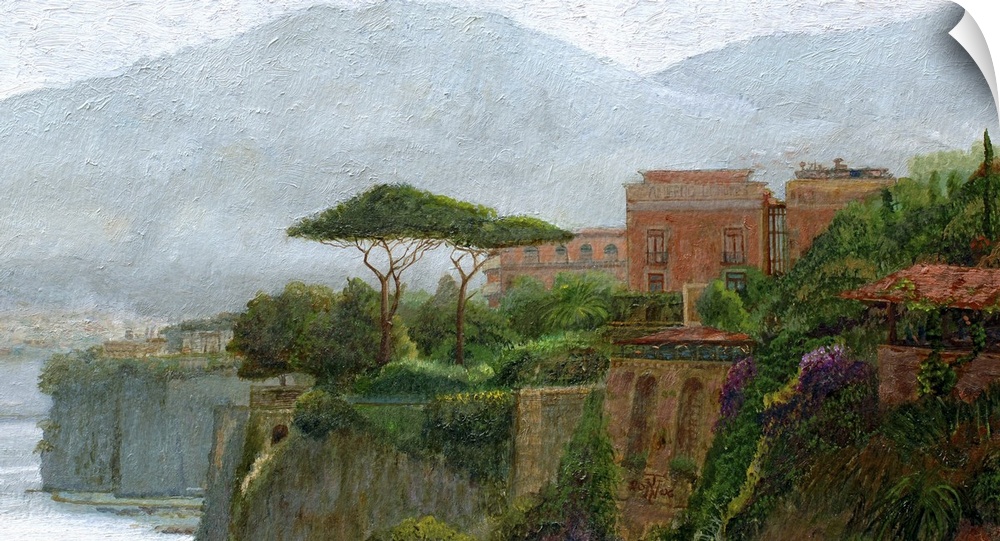 A contemporary painting of an Italian village on the Amalfi Coast showing lush plants growing around stuccoed homes in thi...