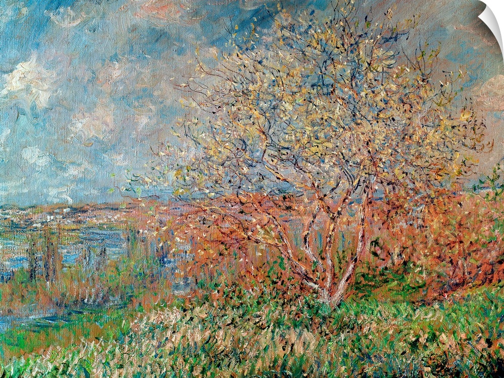 An Impressionist landscape painting of a small tree growing on a hill overlooking a valley.