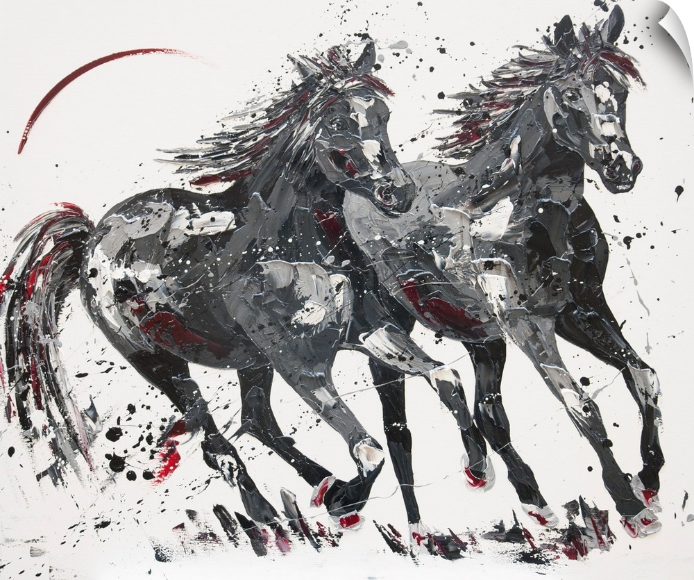 Contemporary painting of two galloping horses in shades of black with red.
