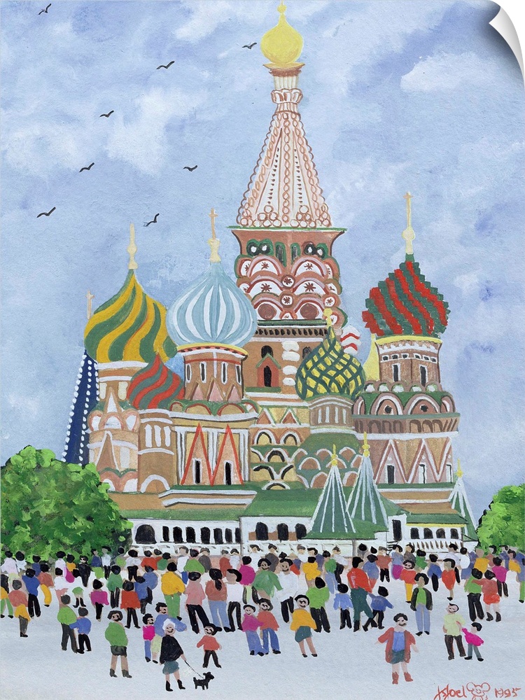 Contemporary painting of a crowd in front of St. Basil's Cathedral in Russia.