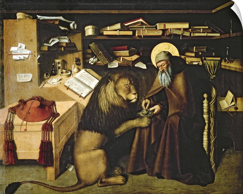 Saint Jerome tirant une epine de la patte du lion; removed thorn and lion remained loyal to him;