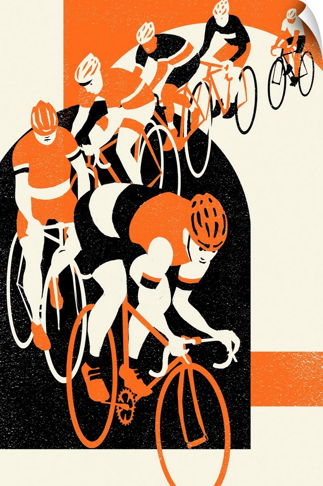 Contemporary illustration of cyclists riding in a muted color scheme.