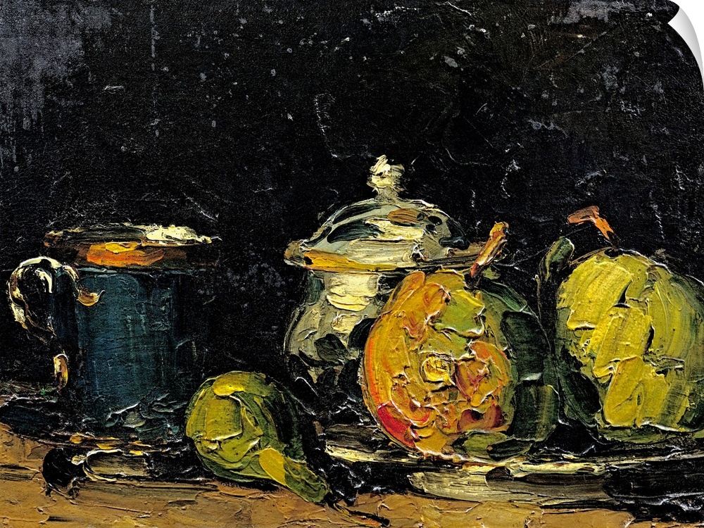Painting by Paul Cezanne of vases and fruits using large, thick, brushstrokes.