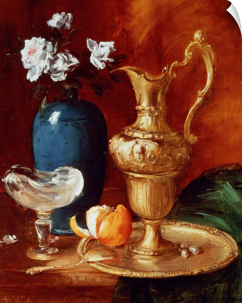 BAL13222 Still life of a gilt ewer, vase of flowers and a facon de Venise bowl; by Vollon, Antoine (1833-1900); Johnny van...