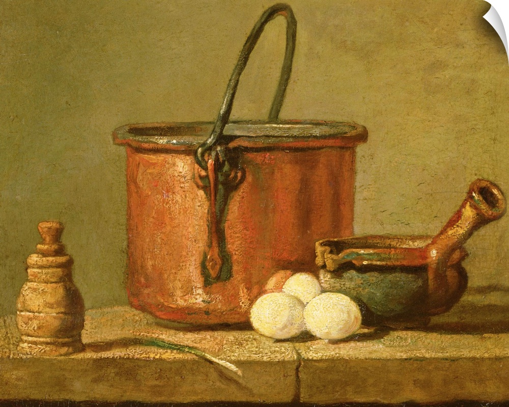 XIR104622 Still Life of Cooking Utensils, Cauldron, Frying Pan and Eggs (oil on canvas)  by Chardin, Jean-Baptiste Simeon ...