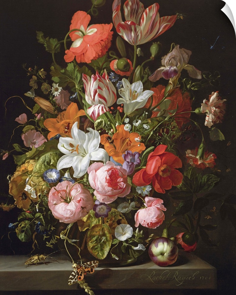 BAL77032 Still life of roses, lilies, tulips and other flowers in a glass vase with a Brindled Beauty on a stone ledge, 17...