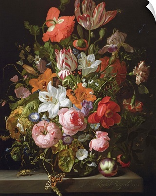 Still life of roses, lilies, tulips and other flowers in a glass vase