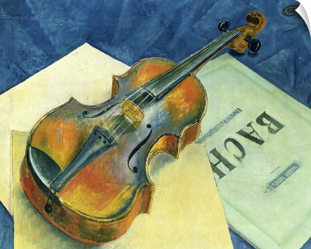 BAL56620 Still Life with a Violin, 1921 (oil on canvas)  by Petrov-Vodkin, Kuzma Sergeevich (1878-1939); 37.5x48 cm; Priva...