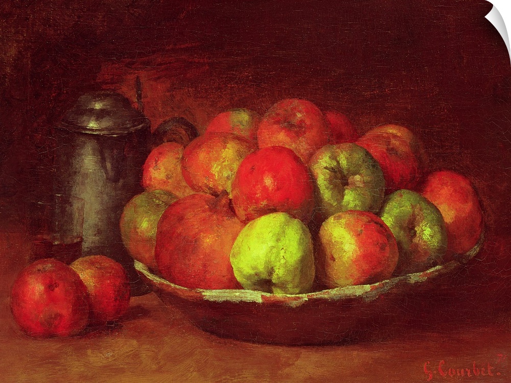 Oil painting on canvas of a bowl full of fruit and a glass and jar next to it.