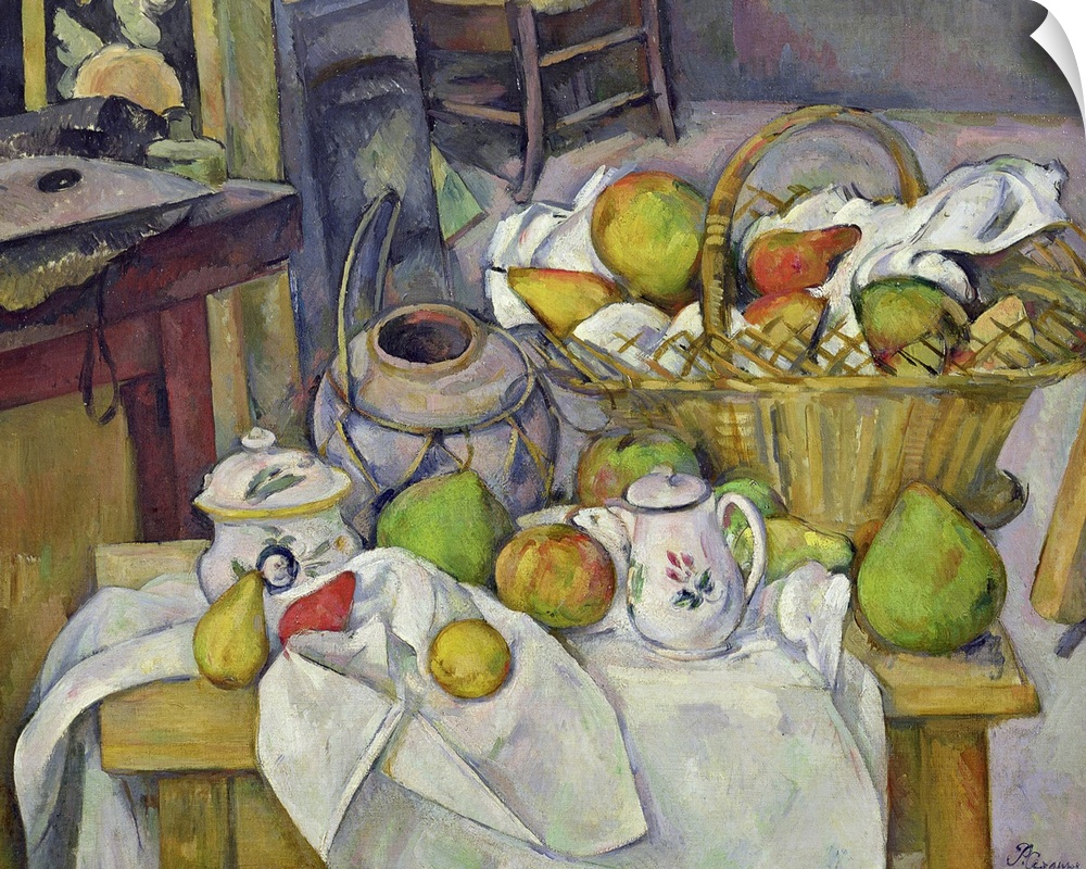 Painting of table filled with fruit, tea pots, jar, and fruit filled basket.