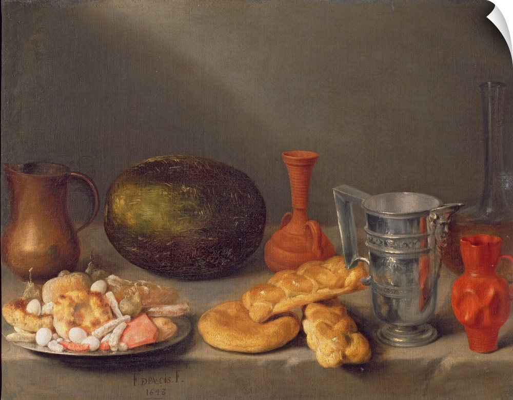 XAM66727 Still life with bread, 1648  by Palacios, Francisco (1640-76); oil on canvas; 60x80 cm; Private Collection; Spani...
