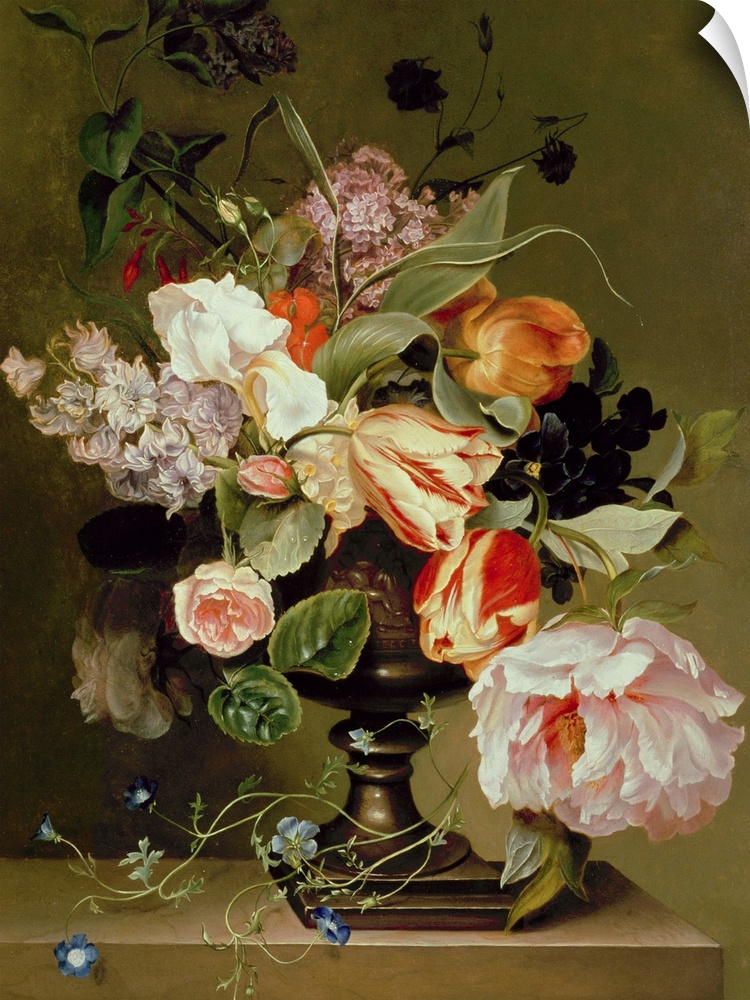 Portrait artwork on a large canvas of a floral still life.  Numerous types of lowers and leaves hang over a large vase sit...