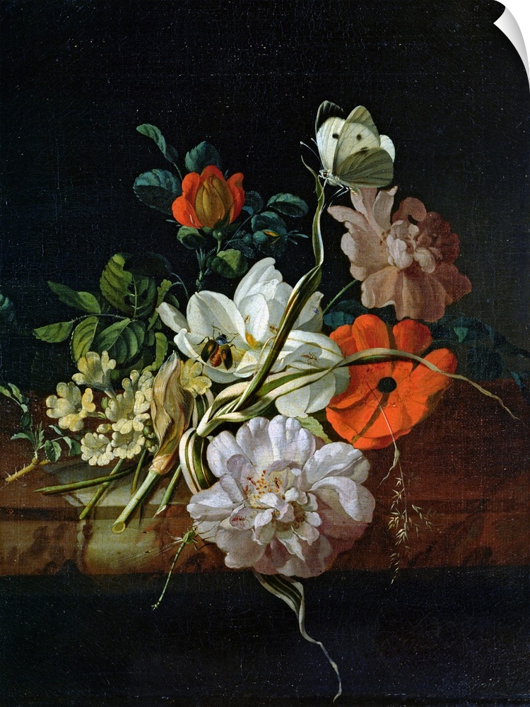 This classic artwork is a painting of a batch of flowers of different types and colors with a beetle sitting on one of the...