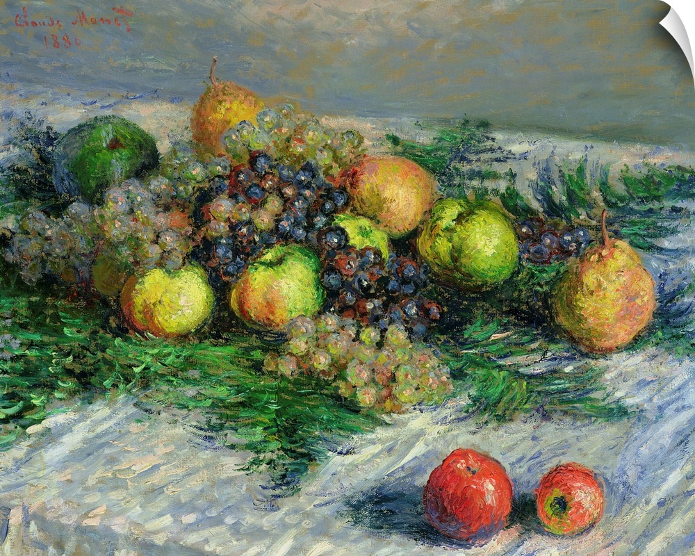 This is an Impressionist painting of fruits on a table in this decorative wall art for the home, office, or kitchen.