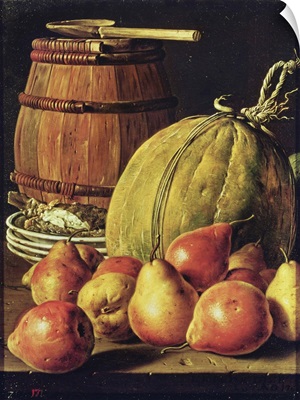 Still Life with pears, melon and barrel for marinading