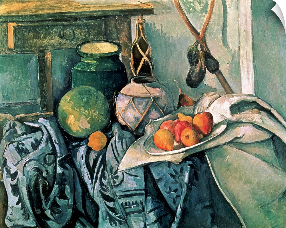 A plate of fruit and several pitchers lay on a cloth covered piece of furniture.