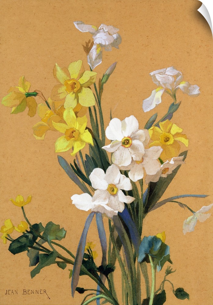 Still life with spring flowers, goauche on brown paper.  By Jean Benner (1796-1849).