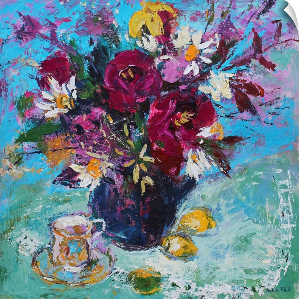 Contemporary still-life painting of flowers in a vase.