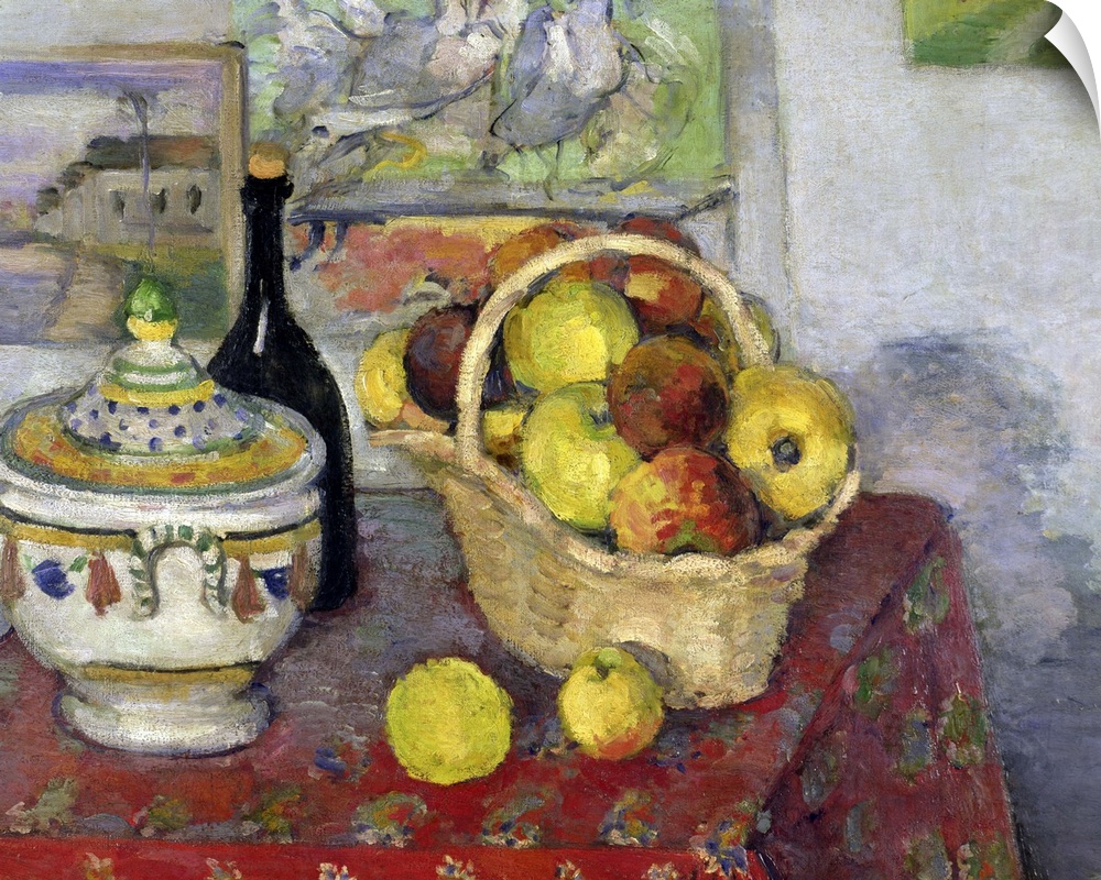 Oil painting on canvas of a basket of apples on a table with a wine bottle and a vase.