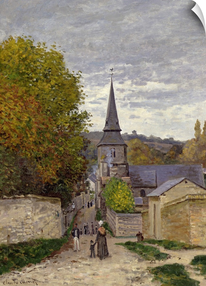 Portrait, large classic artwork of a narrow street leading into a town, surrounded by small buildings and a stone wall on ...