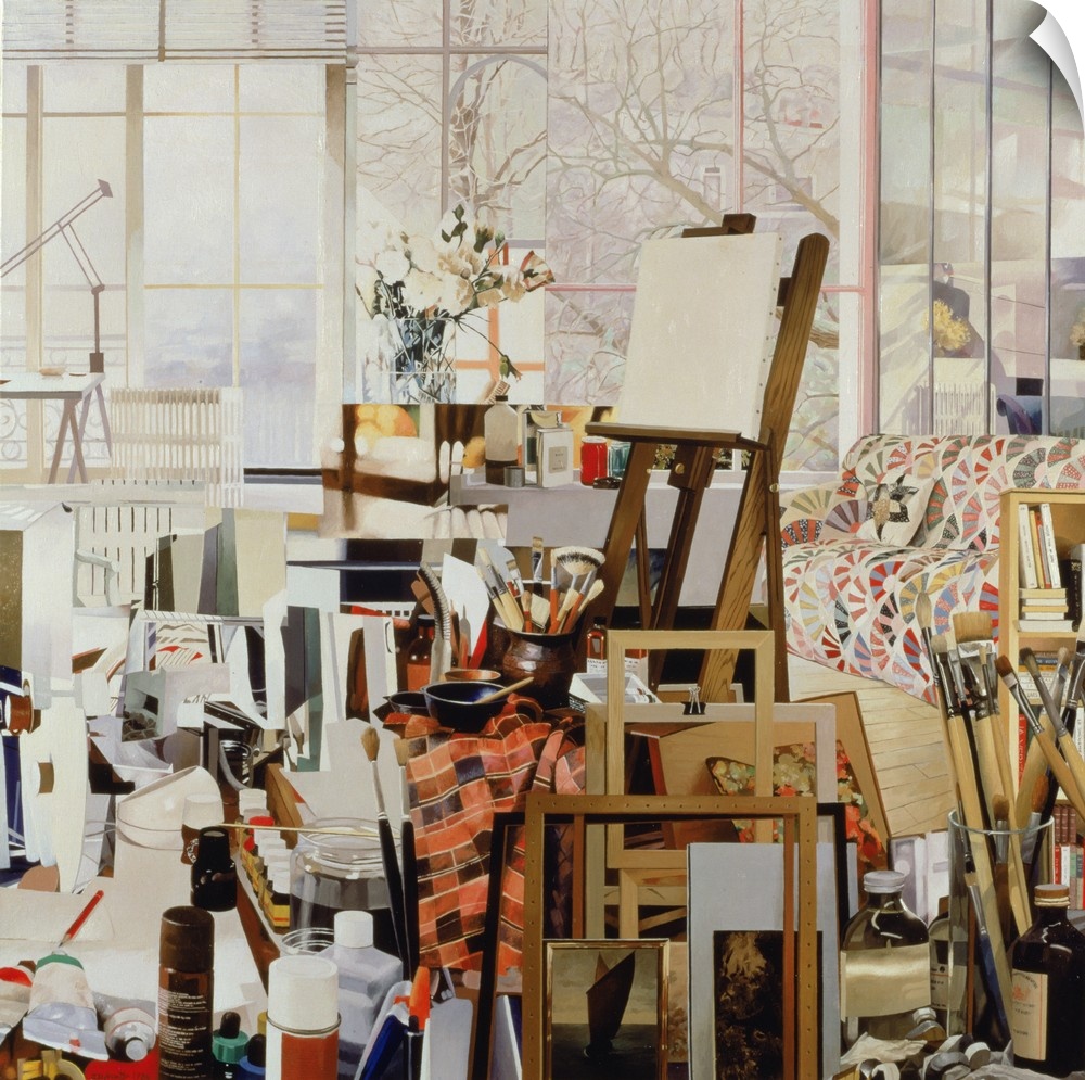 Contemporary painting of an easel in a cluttered studio.