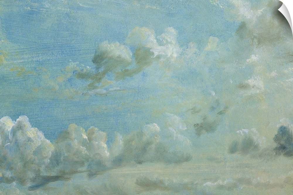 Horizontal painting on a large wall hanging of a light blue sky full of small fluffy clouds, the image has the textured br...