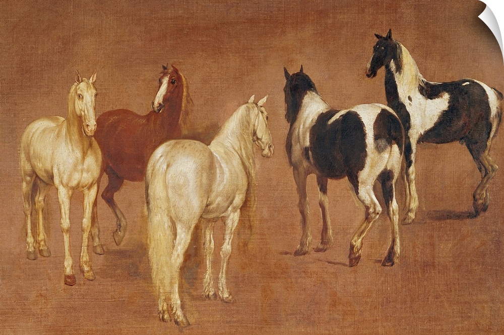 An oil painting of five horses in various positions and coloring.