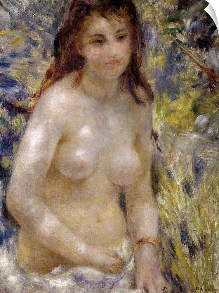 Portrait classic figurative painting of a nude woman from the waist up, as she sits upright, her lower body covered with a...